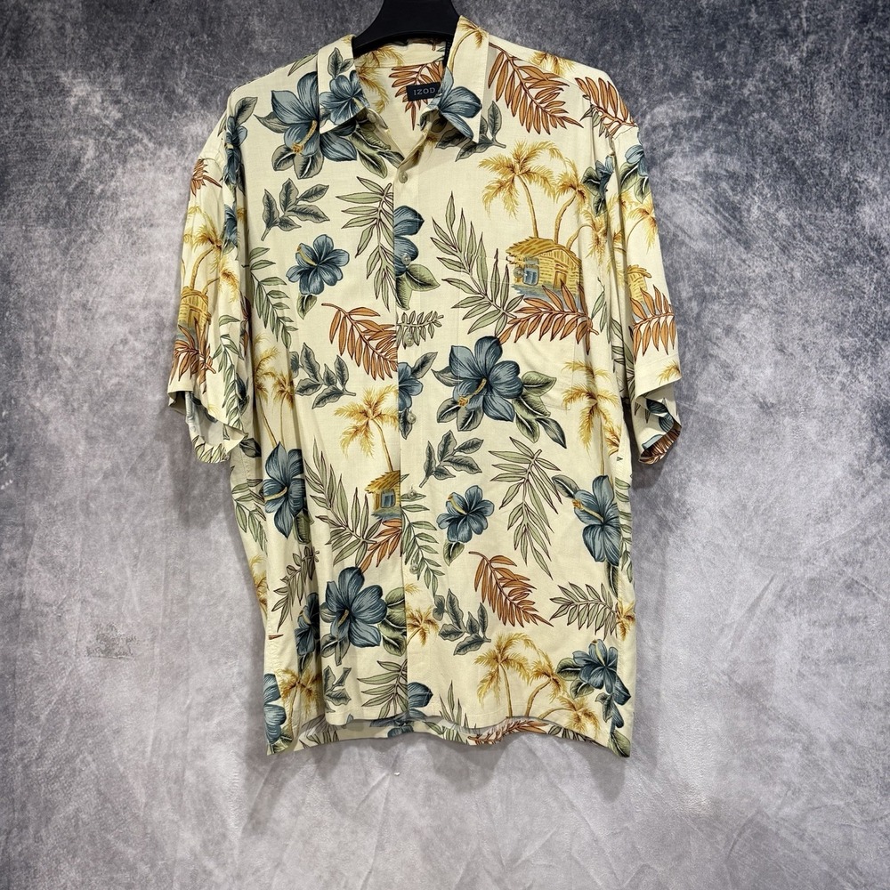 vintage‎ izod hawaiian shirt RAYON L Floral Palm Tree Huts Beach Vacation